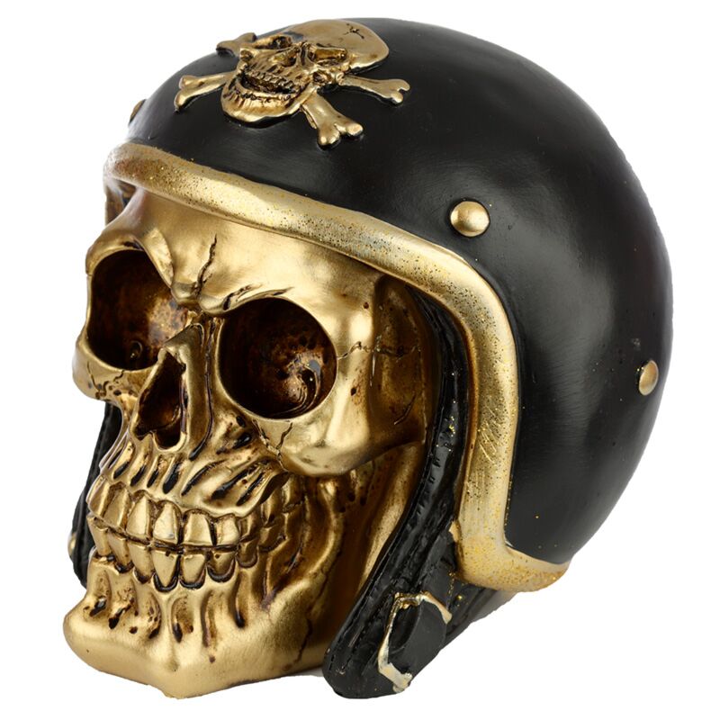 Afbeelding laden in galerijviewer, Goud schedel in motorhelm woonaccessoire

