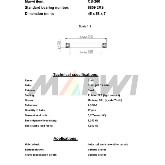 Union kogellager ball bearing cb-260 45x58x7