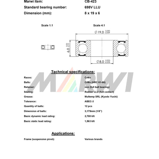 Union kogellager max cb-423 698v llu 8x19x6 keramisch