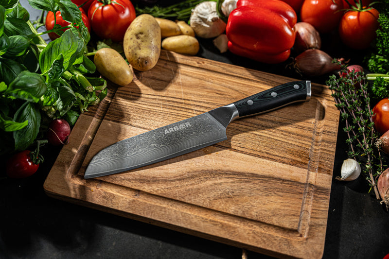 Afbeelding laden in galerijviewer, Arbaer koksmes 18 cm japans santoku lemmet damascus staal g10 handvat
