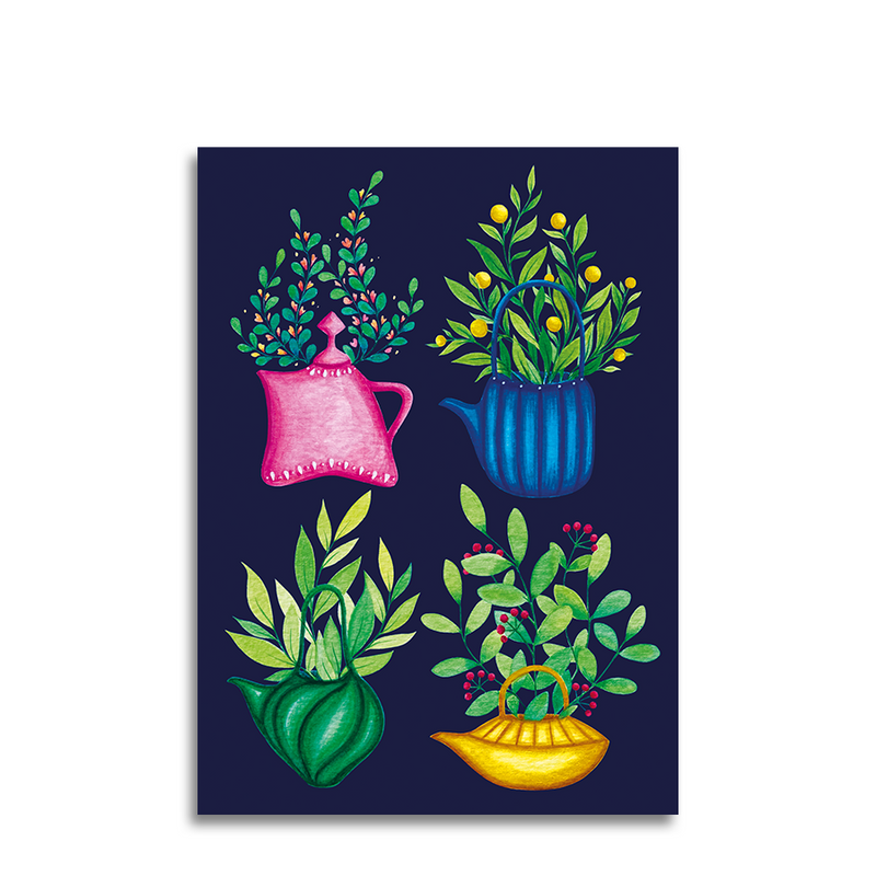 Afbeelding laden in galerijviewer, Art by andu wenskaart 4 tea pots blue
