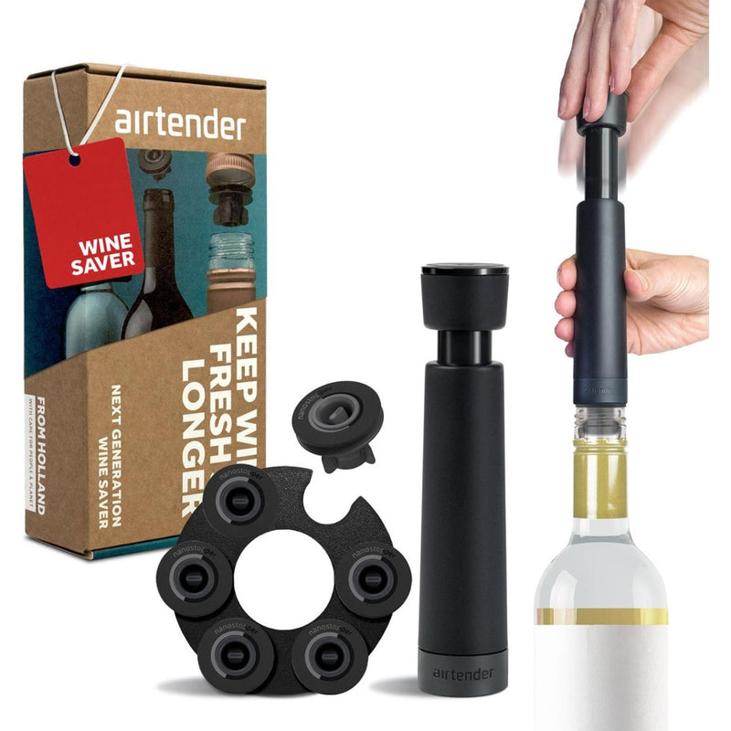 Afbeelding laden in galerijviewer, Airtender wijn vacuã¼mpomp met 6 wijnstoppers + bewaarclip in cadeaudoos
