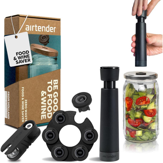 Airtender voedsel wijn - vacuã¼mpomp en 6 stoppers + dekselstans in cadeaudoos