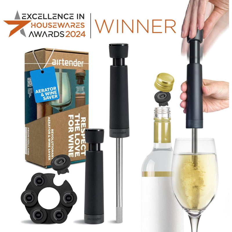 Afbeelding laden in galerijviewer, Airtender wine lovers - vacuã¼mpomp met 3 wijnstoppers en beluchter in cadeaudoos
