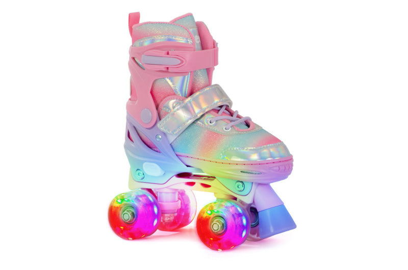Afbeelding laden in galerijviewer, Aventuri verstelbare rolschaatsen met lichtjes roze glitter maat 27-30 (xs)
