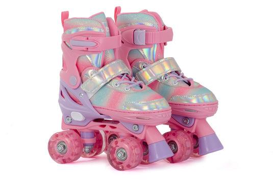 Aventuri verstelbare rolschaatsen met lichtjes roze glitter maat 27-30 (xs)