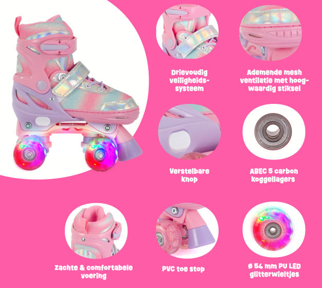 Afbeelding laden in galerijviewer, Aventuri verstelbare rolschaatsen met lichtjes roze glitter maat 27-30 (xs)

