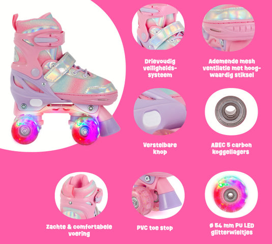Aventuri verstelbare rolschaatsen met lichtjes roze glitter maat 27-30 (xs)