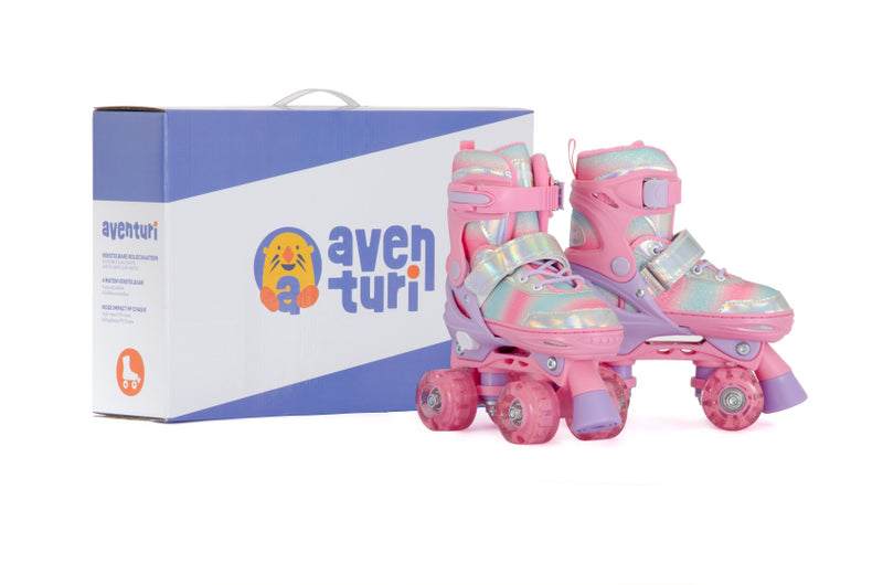 Afbeelding laden in galerijviewer, Aventuri verstelbare rolschaatsen met lichtjes roze glitter maat 27-30 (xs)
