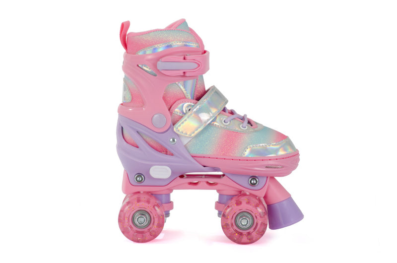 Afbeelding laden in galerijviewer, Aventuri verstelbare rolschaatsen met lichtjes roze glitter maat 27-30 (xs)
