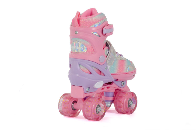 Afbeelding laden in galerijviewer, Aventuri verstelbare rolschaatsen met lichtjes roze glitter maat 31-34 (s)
