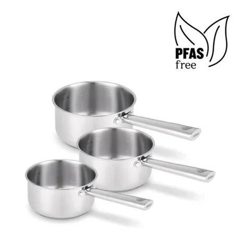 Afbeelding laden in galerijviewer, Beka cicla 3-delige steelpannen set - ø 16, 18, 20 cm - gerecycleerd rvs - inox - pfas-vrij - geschikt voor inductie - 3 sauspannen - chroom
