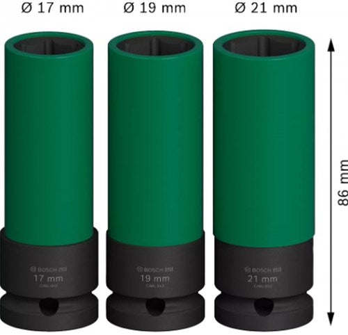 Afbeelding laden in galerijviewer, Bosch accessoires 3-delige doppenset | 85 mm, 17; 19; 21 mm 1 2 extra diep - 2608003033

