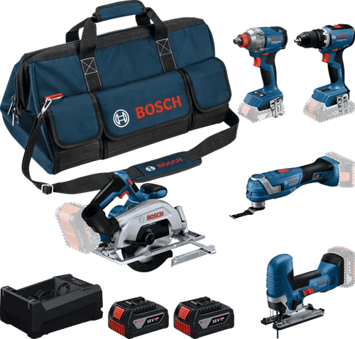 Bosch blauw bosch professional 5-toolkit 18v - gereedschap combiset - gsr 18v-65 - gdx 18v-285 - gks 18v-57-2 - gop 18v-34 - gst 18v-125 s - gba 18v 5.0 ah - gal 12v 18v-80 lader
