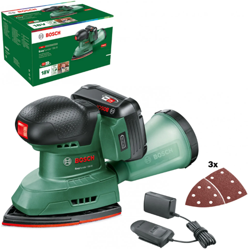 Afbeelding laden in galerijviewer, Bosch groen accumultischuurmachine easysander 18v-8 | incl. 1-uurslader (al 18v-20) + 1x 2,0 ah accu + 3 schuurbladen (red wood) - 06033e3002
