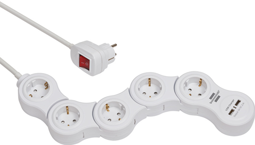 Afbeelding laden in galerijviewer, Brennenstuhl vario power stekkerdoos met usb-laadfunctie mobiele stekkerdoos 5-voudig (1,4 m kabel met schakelaar en 2 usb-laadcontactdozen) wit
