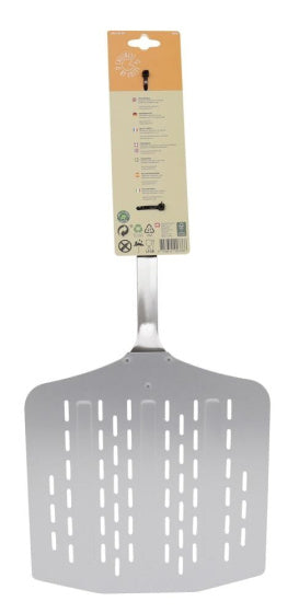 Afbeelding laden in galerijviewer, Cozze Pizzaschep met gaatjes Aluminium 66 cm zilver zwart
