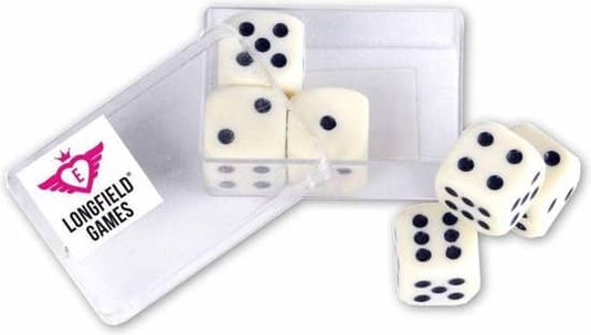 Longfield dobbelstenen 6 stuks – wit – 16 mm – kunststof opbergdoosje – set dobbelstenen voor bordspellen – engelhart