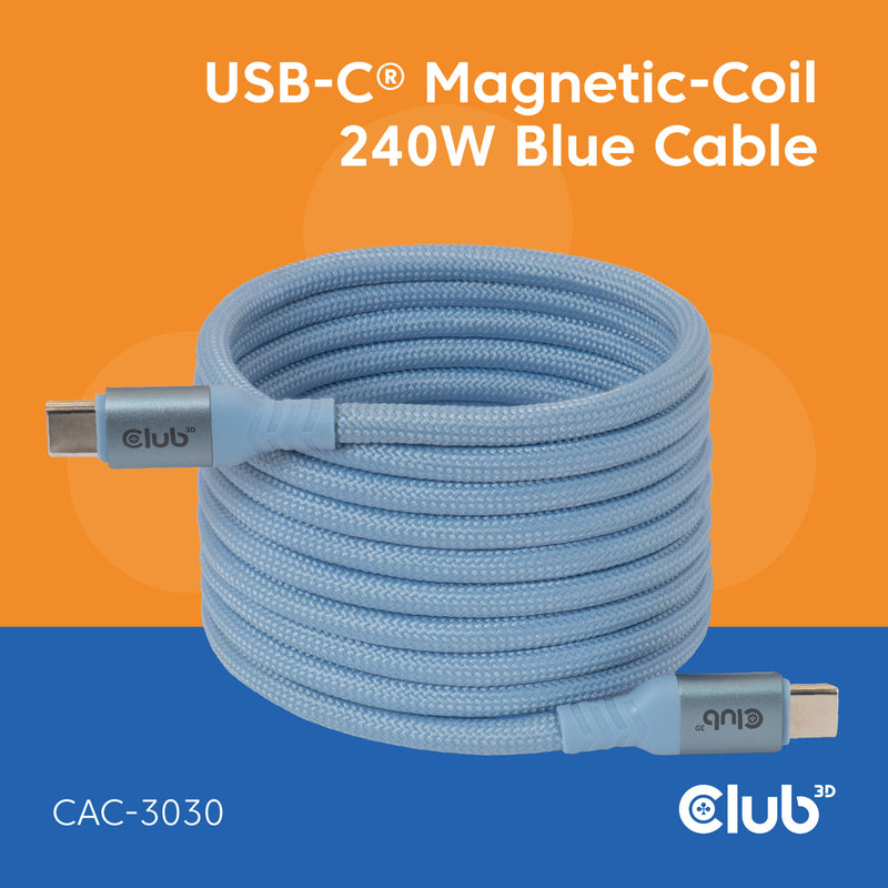 Afbeelding laden in galerijviewer, Club 3d usb-c magnetic-coil 240w pd3.1 blue cable, 2 meter kabel (blauw)
