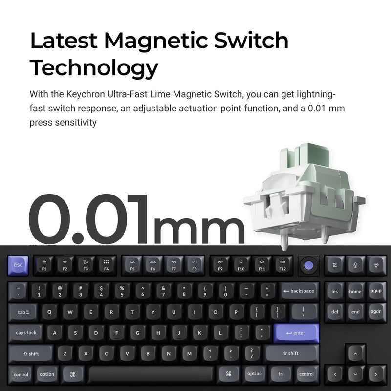 Afbeelding laden in galerijviewer, Keychron q3 he 8k magnetic switch keyboard (zwart, us lay-out (qwerty), ultra-fast lime, 80% (tkl), rgb, hot swap, 8k)
