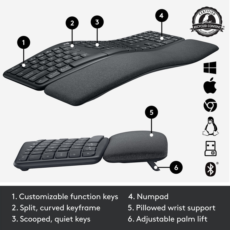 Afbeelding laden in galerijviewer, Logitech k860 ergo keyboard (zwart, 100%, bluetooth, us international iso)
