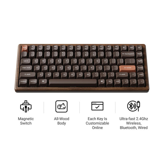 Keychron k2he all-wood special edition mechanisch toetsenbord (houtkleur, us lay-out (qwerty), gateron double-rail magnetic nebula, 75%, gateron double-rail magnetic, osa pbt double-shot, hot swap, bluetooth 5.2 | usb-c)