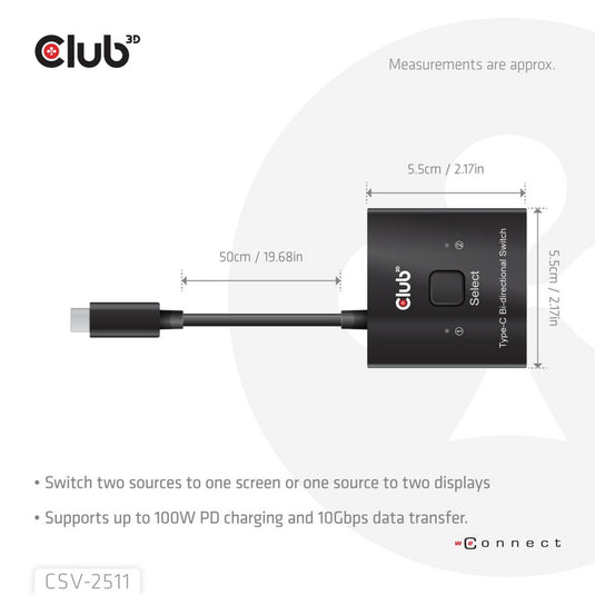 Club 3d usb-c bi-directional video + data + pd switch usb-switch (zwart)