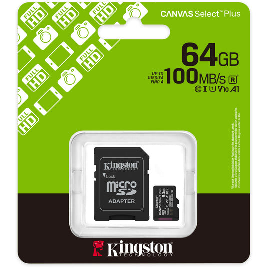 Kingston canvas select plus 64 gb microsdxc geheugenkaart (zwart, uhs-i u1, class 10, v10, incl. sd adapter)