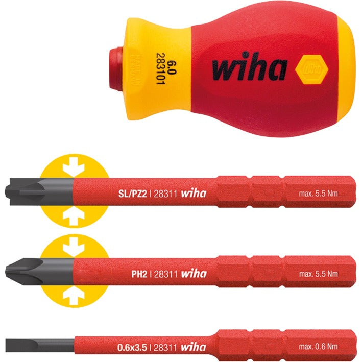 Afbeelding laden in galerijviewer, Wiha schroevendraaier met bithouderset electric slimvario (rood geel, stubby 4-delig met slimbits)
