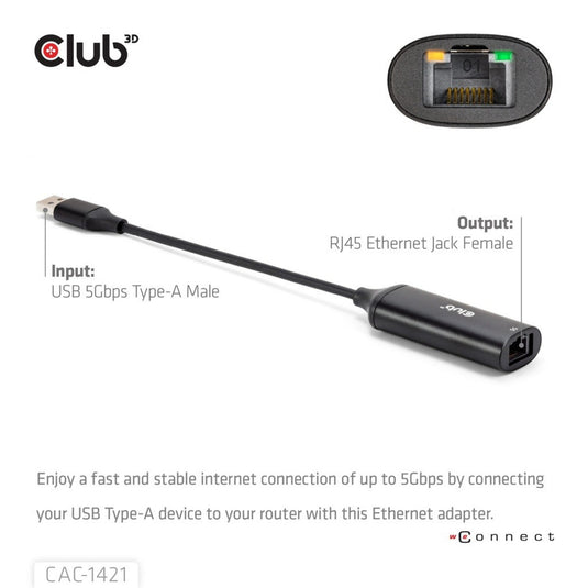 Club 3d usb-a naar rj45 ethernet 5gbps adapter (zwart)