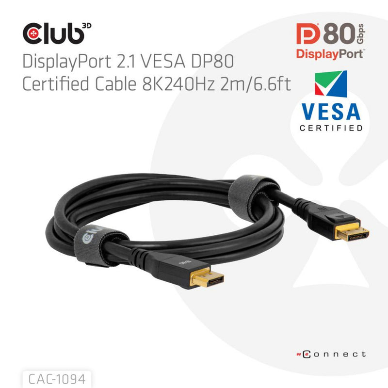 Afbeelding laden in galerijviewer, Club 3d gecertificeerde displayport 2.1 kabel (zwart, 2 meter, 10k)

