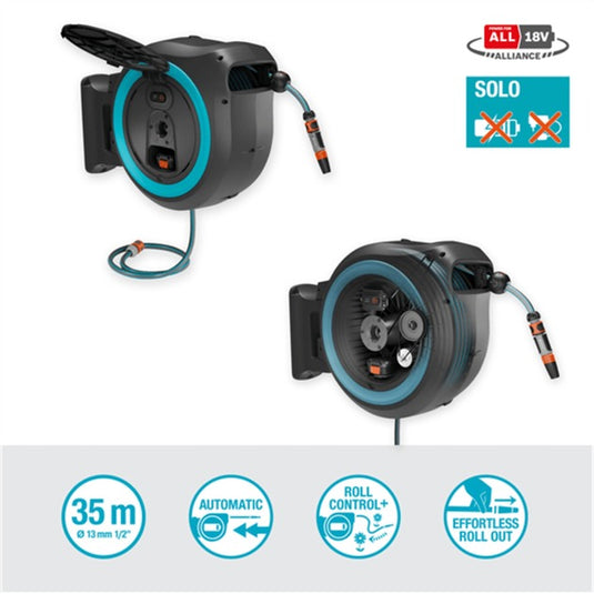 Gardena 40 m wand-slangenbox powerroll xxl slanghaspel (grijs turquoise, 40 meter, accu en oplader niet inbegrepen, power for all alliance, )