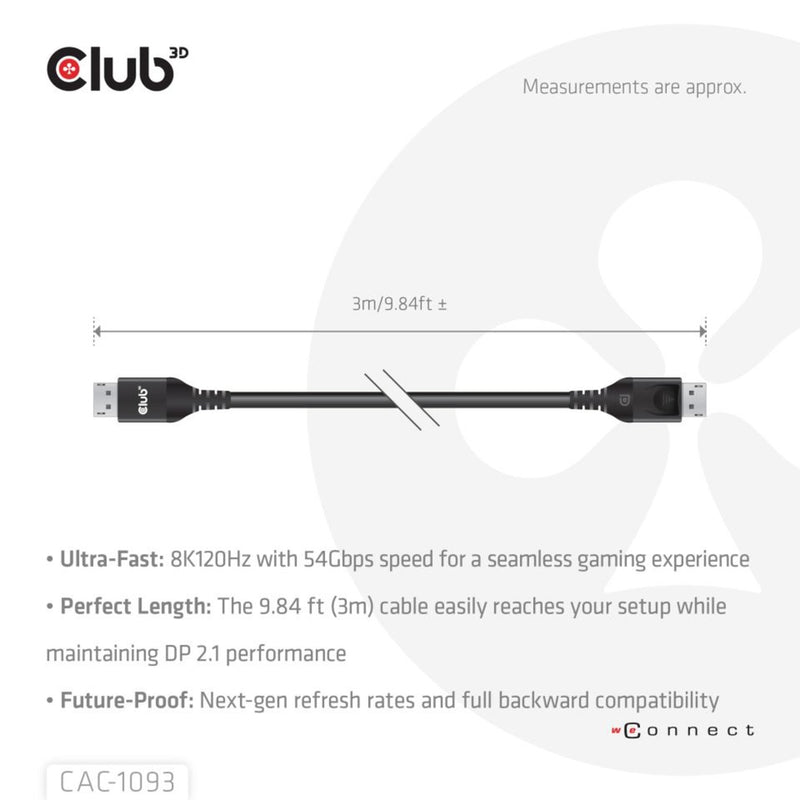 Afbeelding laden in galerijviewer, Club 3d displayport 2.1 vesa dp54 gecertificeerde kabel male-male (zwart, 3 meter, 4k 240hz, 8k 120hz, 54gbps)
