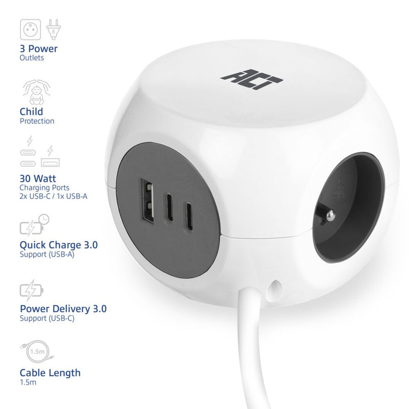 Afbeelding laden in galerijviewer, Act connectivity act stekkerdoos kubus met 3 stopcontacten, 30w power delivery usb-c a poorten, kabellengte 1,5m ac2425
