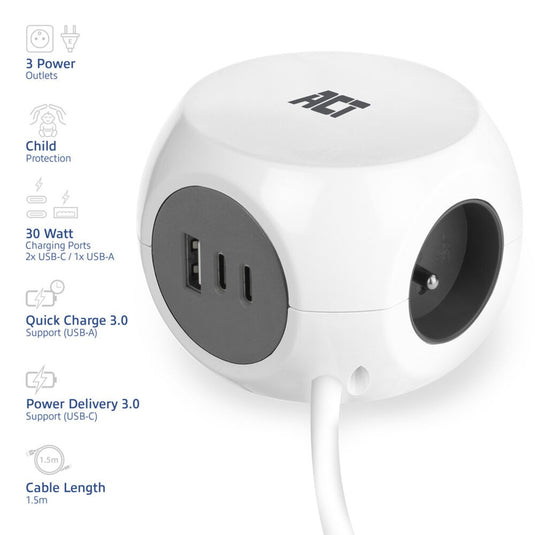 Act connectivity act stekkerdoos kubus met 3 stopcontacten, 30w power delivery usb-c a poorten, kabellengte 1,5m ac2425