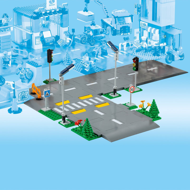 Afbeelding laden in galerijviewer, Lego ® city wegplaten 60304 bouwset; bouwbare speelgoedweg; maak de wegplaten vast aan je stad om deze uit te breiden; met lantaarnpalen, stoplichten, verkeersborden, bomen en planten, verkeersdrempels en een zebrapad (112 onderdelen)
