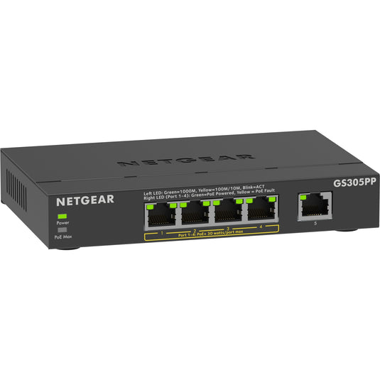 Netgear 5-port gigabit ethernet poe+ unmanaged switch (gs305pp) (zwart)