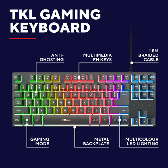 Trust gxt 833 thado toetsenbord met tkl-verlichting (zwart, us lay-out (qwerty), 80% (tkl), rgb)