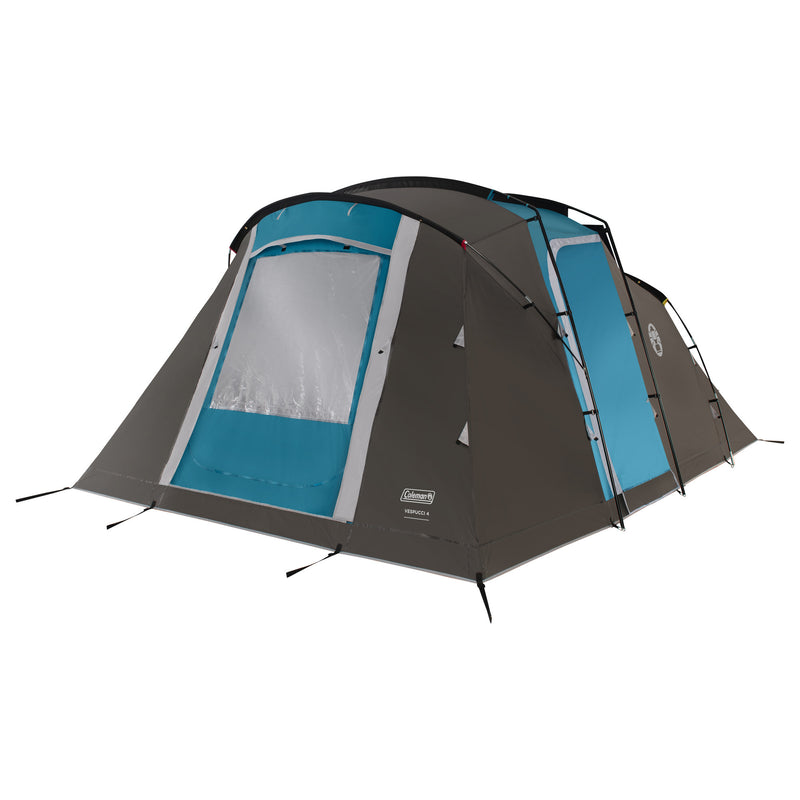 Afbeelding laden in galerijviewer, Coleman vespucci 4 tent - 4 persoons tunneltent – uv guard spf50 zonbescherming – ventilatie – geïntegreerd grondzeil - grijs blauw
