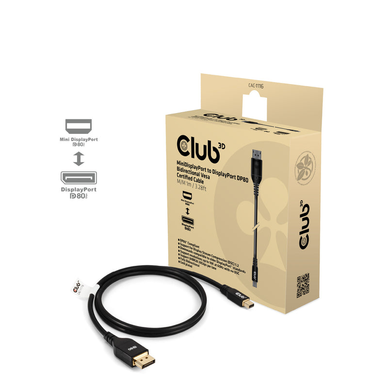 Afbeelding laden in galerijviewer, Club 3d minidisplayport naar displayport dp80 bidirectioneel adapter (zwart, 1 meter, vesa-gecertificeerd)

