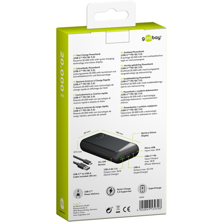 Afbeelding laden in galerijviewer, Goobay quick charge powerbank 20.000 mah - 74 wh (zwart, usb-c pd, qc 3.0)
