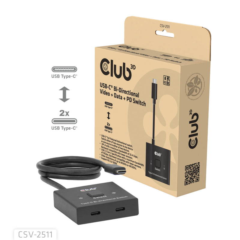 Afbeelding laden in galerijviewer, Club 3d usb-c bi-directional video + data + pd switch usb-switch (zwart)
