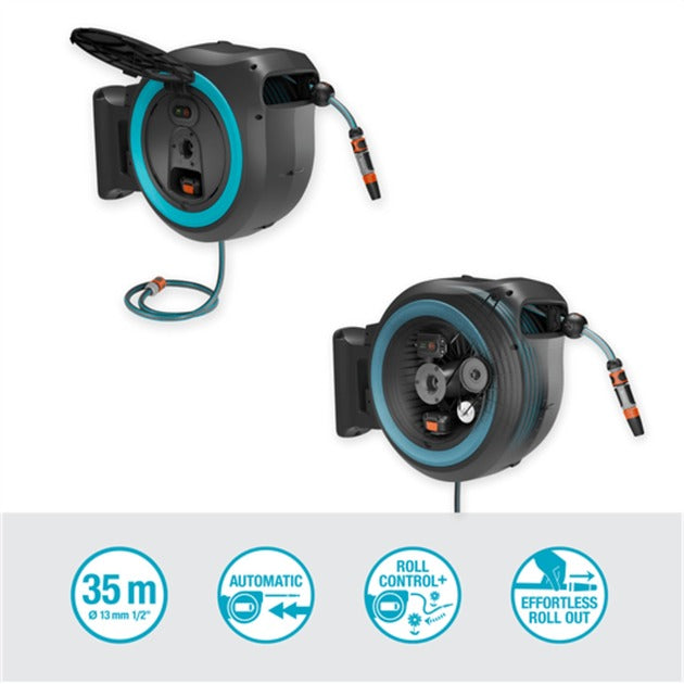 Afbeelding laden in galerijviewer, Gardena 35 m wand-slangenbox powerroll xl slanghaspel (grijs turquoise, 35 meter, accu en oplader inbegrepen, power for all alliance)
