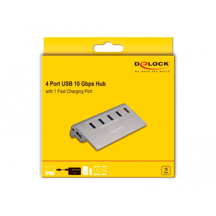 Afbeelding laden in galerijviewer, Delock usb-hub 10 gbps met 4 usb-a + 1 quick charge poort (grijs, incl. voeding)
