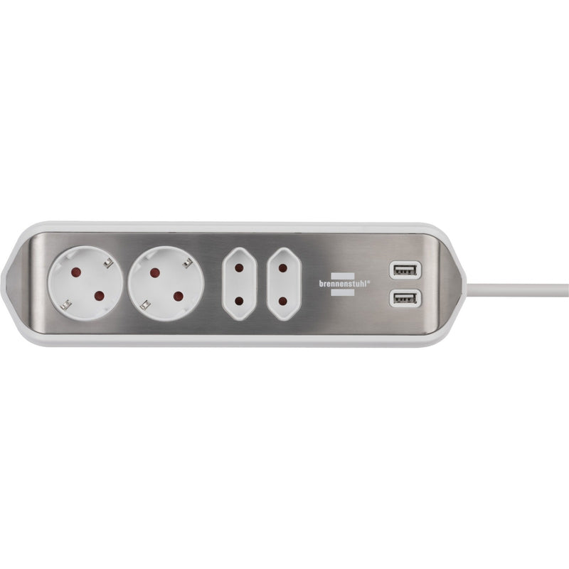 Afbeelding laden in galerijviewer, Brennenstuhl ®estilo hoekaansluitdoosstrook met usb laadfunctie 4-weg 2x beschermende contactdozen 2x euro zilver wit

