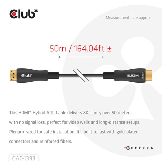 Club 3d hdmi hybride aoc kabel (zwart, 50 meter)