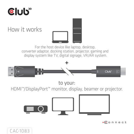 Club 3d displayport 1.4 to hdmi 4k60hz kabel adapter (zwart, hdr m m 2m)