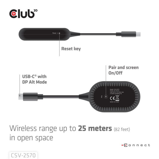 Club 3d wireless usb-c to hdmi transmitter and receiver adapter (zwart)