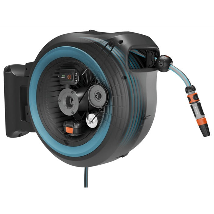 Afbeelding laden in galerijviewer, Gardena 35 m wand-slangenbox powerroll xl slanghaspel (grijs turquoise, 35 meter, accu en oplader inbegrepen, power for all alliance)
