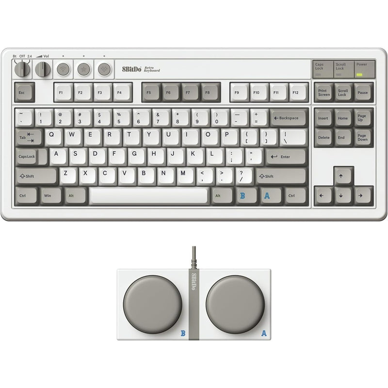 Afbeelding laden in galerijviewer, 8bitdo retro mechanical keyboard m edition (grijs, us lay-out (qwerty), kailh box white, 80% (tkl), bluetooth low energy, wireless 2.4g, usb)
